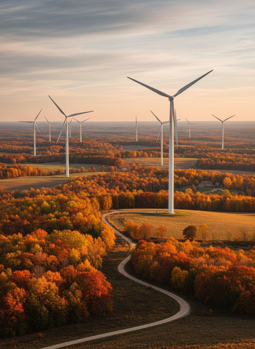 Fotografía realista de un parque eólico durante el otoño con árboles coloridos y turbinas de viento, estilo fotográfico natural.