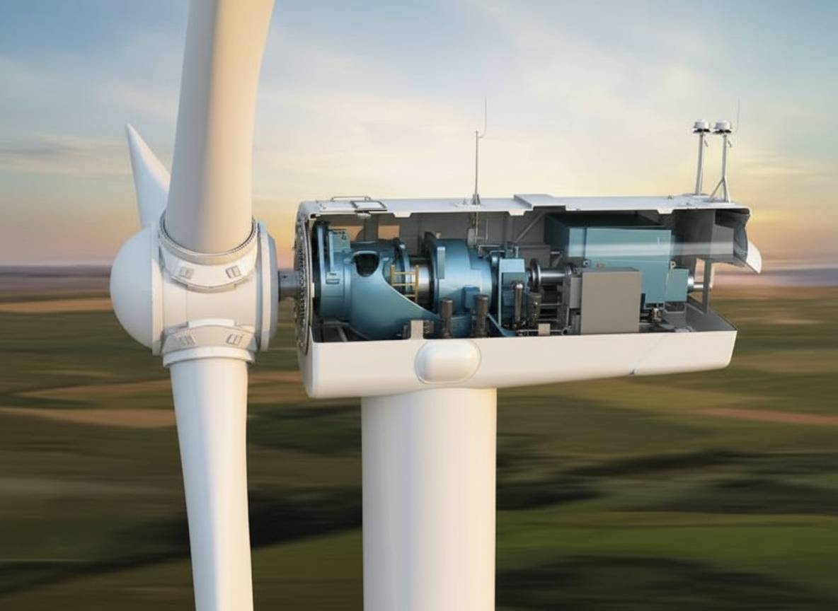 Wind turbine nacelle cutaway cross-section, lateral side view, based on the reference image. White nacelle casing cut open showing internal components: large blue generator, gearbox, main shaft, mechanical parts. The turbine is mounted on a white tower with blades visible. Outdoor sky and green landscape background. Same photorealistic style as the reference, slightly more lateral/side angle perspective showing the full length of the nacelle from the side. High quality, detailed engineering visualization.
