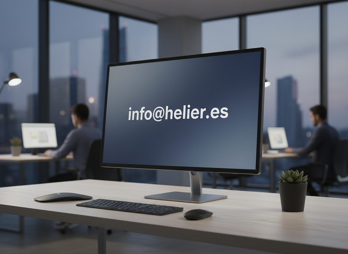 A modern PC monitor on a desk displaying the text "info@helier.es" as a wallpaper or background screen. The text is large, clear and centered on the screen. Clean, professional look. The monitor is sleek and modern, dark bezel. Office environment background, soft lighting.